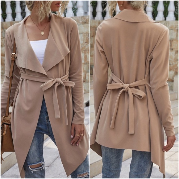 BellanBlue Jackets & Blazers - 021 Khaki Tan Vegan suede waterfall belted coat jacket